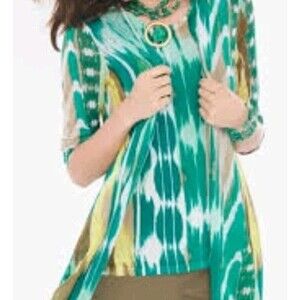 Chico's Okay Print Longline Open Cardigan Matching Tank Top Teal Green Size 2...